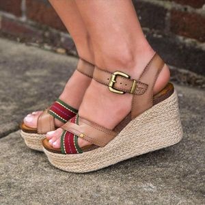 OTBT Tan Espadrille Wedge Sandals with Red and Green Straps
